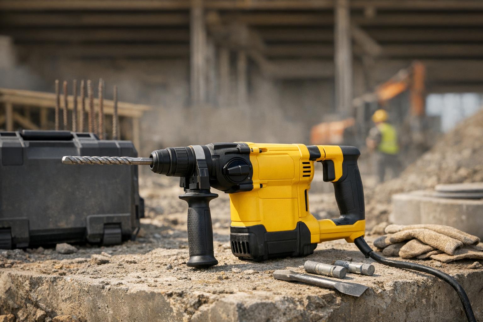 Zdjęcie młotowiertarki SDS Plus DeWalt na placu budowy